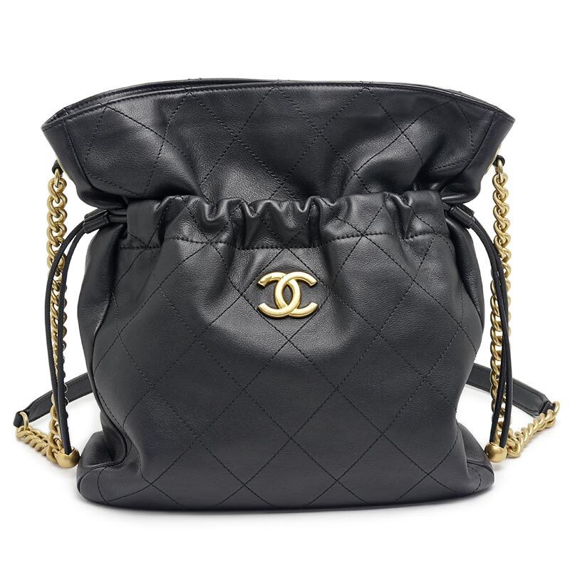 CHANEL Black Leather Matelass Drawstring Shoulder Bag