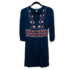 BLUE RAIN Blue/Teal Embroidered Boho Tasseled Short Dress Sz M
