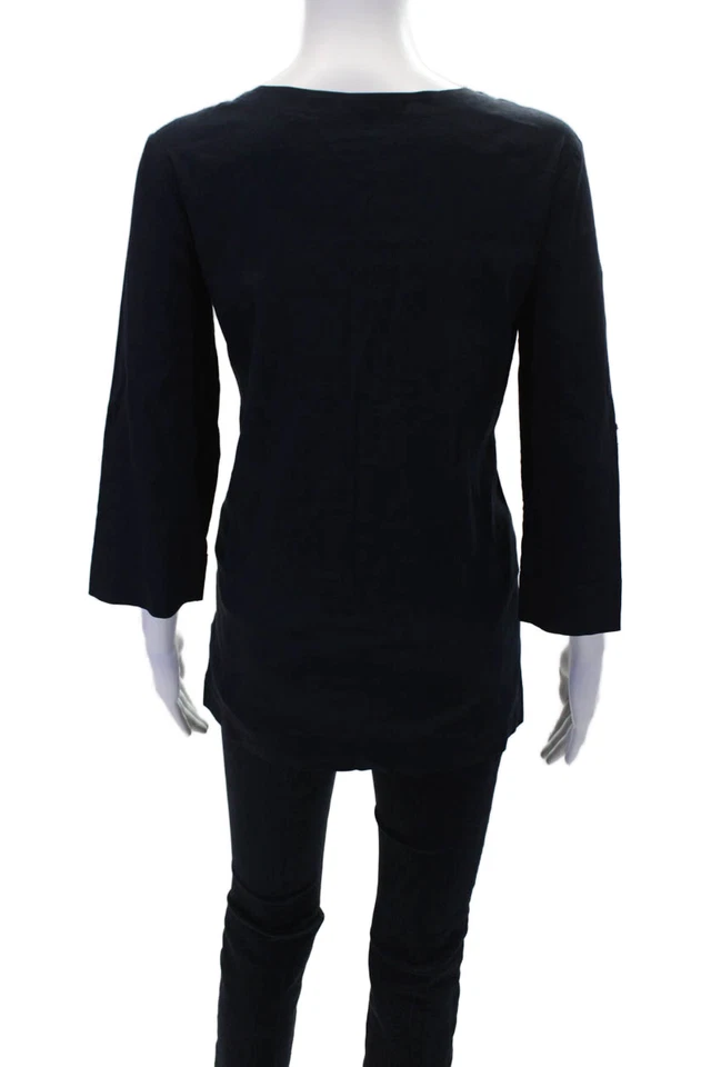 Blusa negra Theory para mujer con detalle de escote con cordones de lino manga 3/4 talla S Foto 3 de 4