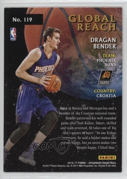 2016-17 Panini Aficionado Global Reach Dragan Bender #119 Rookie RC - Image 2 of 2