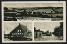 Wolfskrug / G�by, postcard, village street, school, H�ttener mountains 