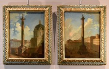Coppia dipinti antichi Joli Vedute Roma Colonne 18 secolo Olio su tela