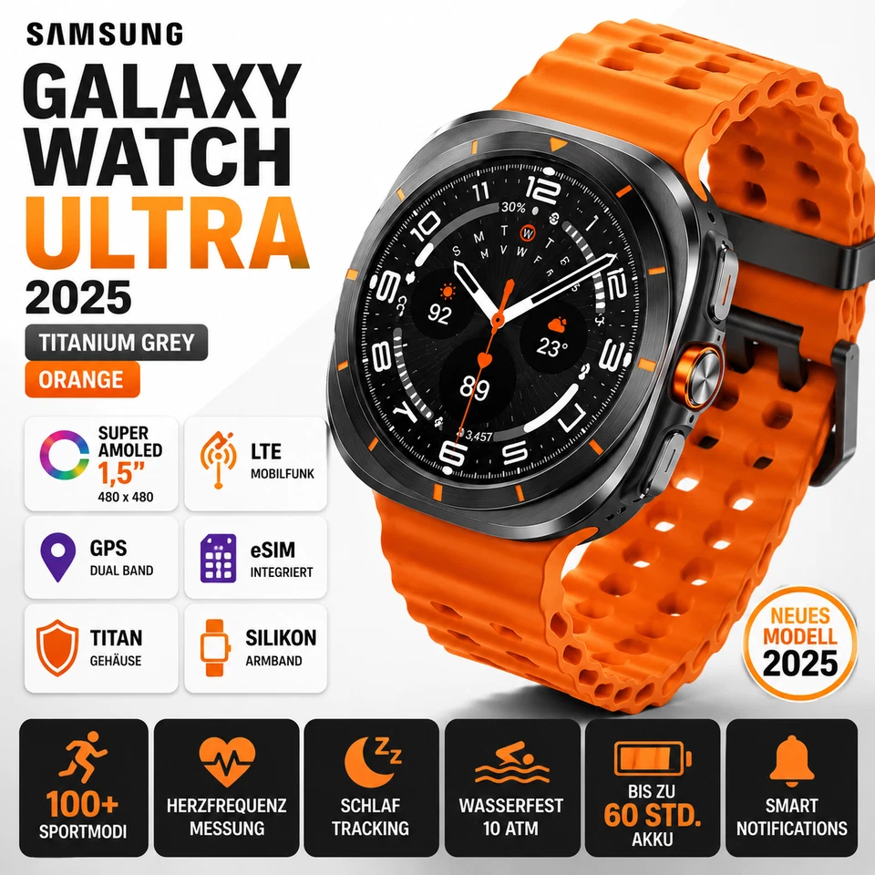Samsung Galaxy Watch Ultra (2025) 47 mm Titangehäuse Titanium Gray Band Orange - Bild 1 von 1