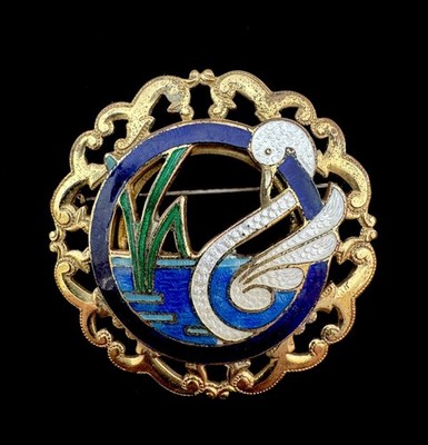 1960s Enamel SWAN Brooch | Vintage Cloisonné Style Blue Green ROMANTIC Bird Pin