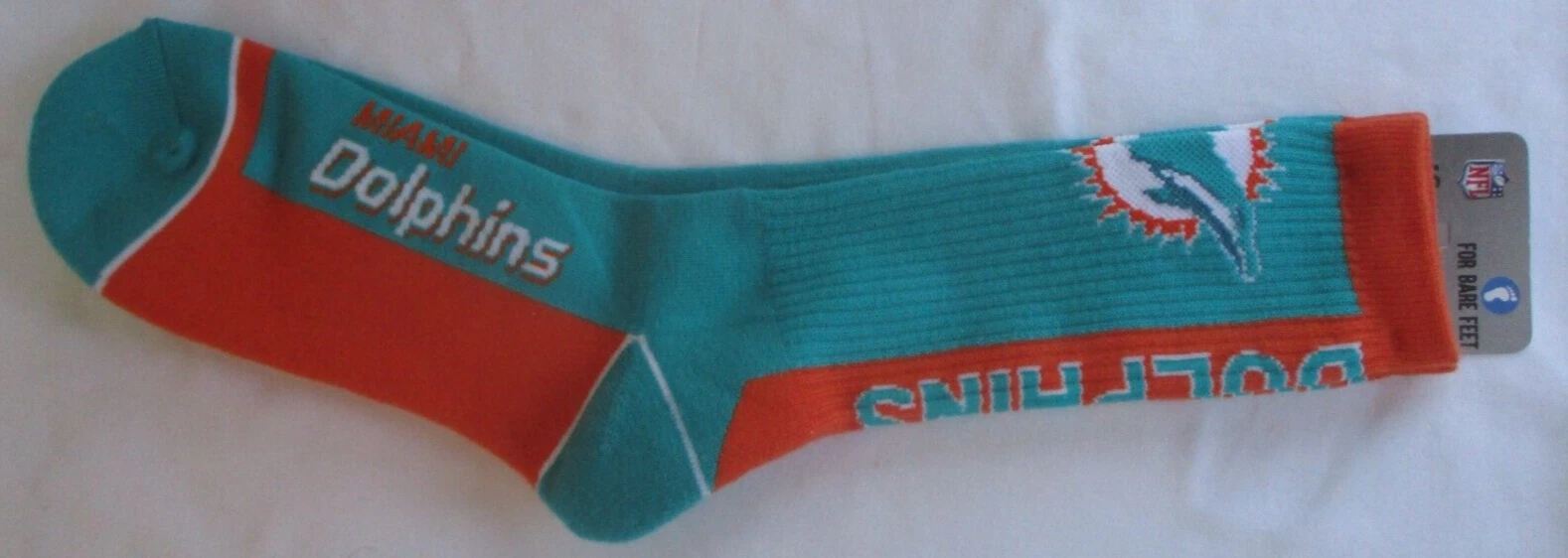 MIAMI DOLPHINS FOR BARE FEET football SOCKS SIZE LARGE - NEW