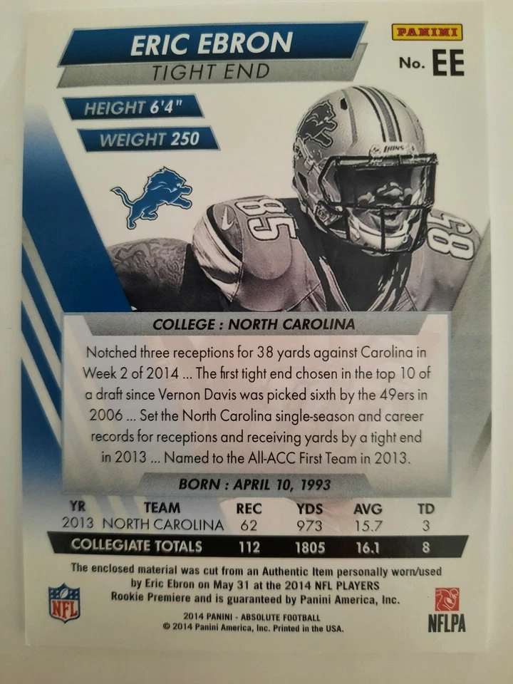 2014 Panini Absolute Jersey/Ball/Glove #EE Eric Ebron Rookie 03/99 ^ - Image 2 of 2