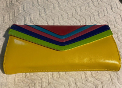Vintage designer Vera Pelle bright yellow and rainbow leather convertible clutch
