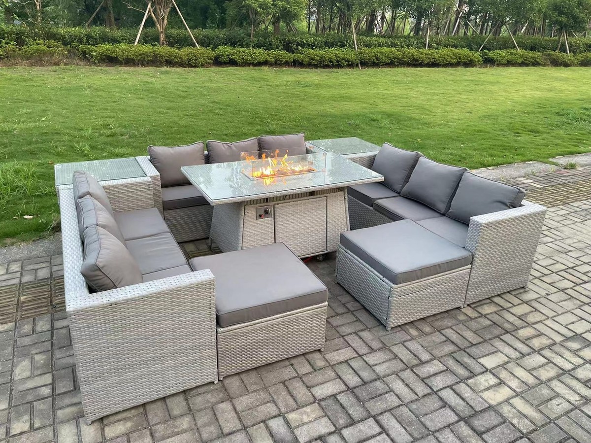 Corner Sofa Fire Dining Table Set Outdoor Fire Pit Rattan Garden