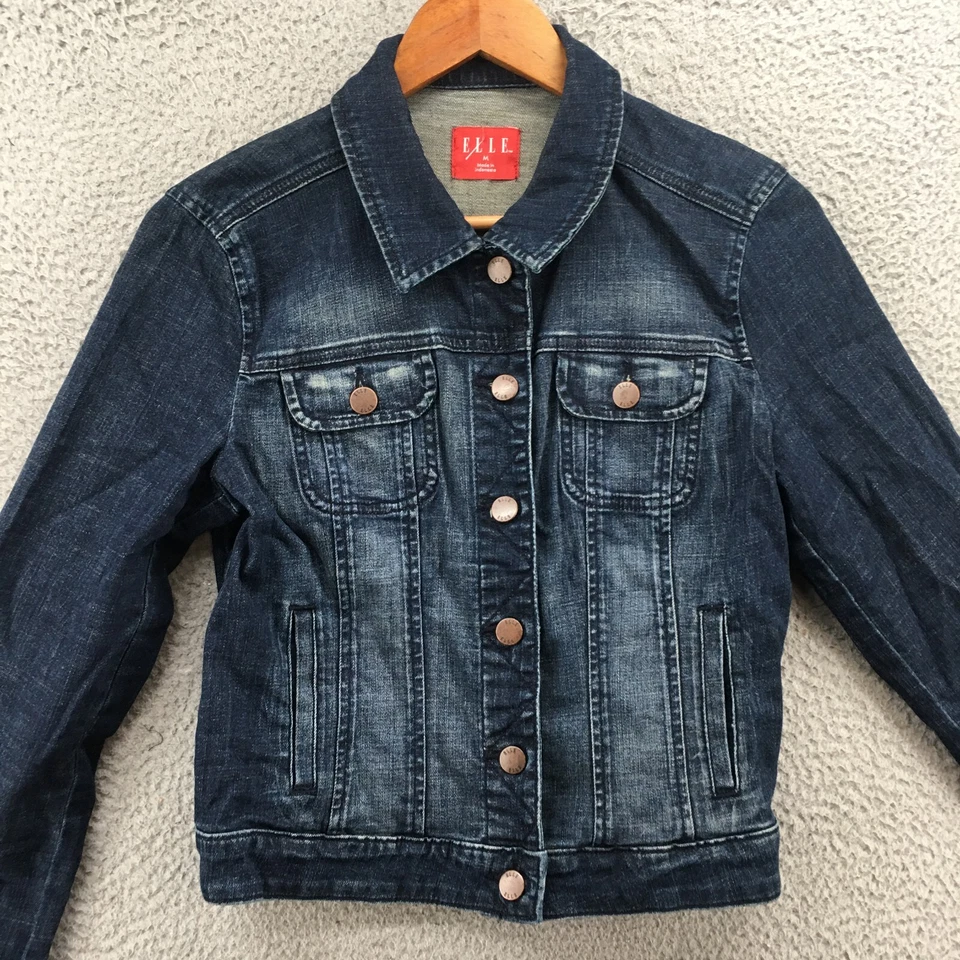 Chaqueta vaquera Elle para mujer manga media larga cuello bolsillo básico botón azul Foto 2 de 4