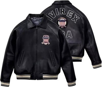 Men New Black Avirex Leather Jacket Bomber Style American Flight