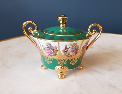 Antique Limoges Porcelain Sugar Bowl 'La Reine' Fragonard 22k Gold Mint Cond.