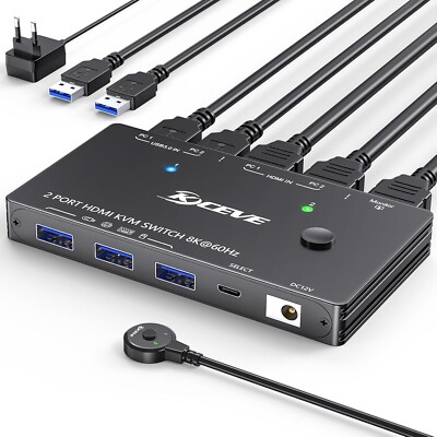 8K@60Hz HDMI KVM Switch 2 Computer 1 Monitor 4K@144Hz, USB 3.0 (UK PLUG)