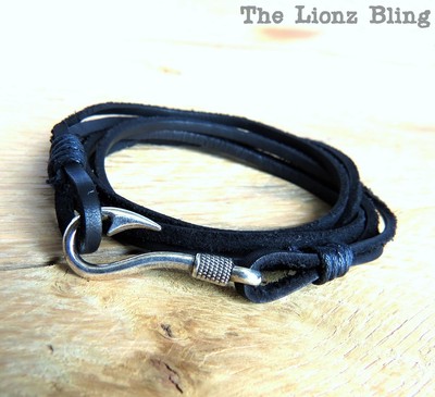 Vintage style Black Genuine Leather & Antiqued Silver Fish Hook