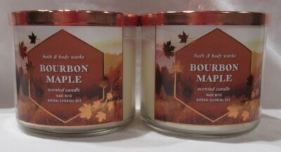 Bath & Body Works 3-wick Scent Candle w/essen oils Lot Set of 2 BOURBON MAPLE