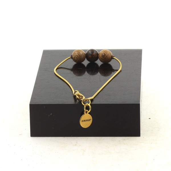 Armband Aus Edelstahl Mit 1 Bronzit Perle + Holz 8 Mm. Hergestellt In Frankreich-image