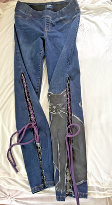 Jeans Side Skinny Flare lacing Hand Painted BLACK CAT Upcycled Remake Old Navy