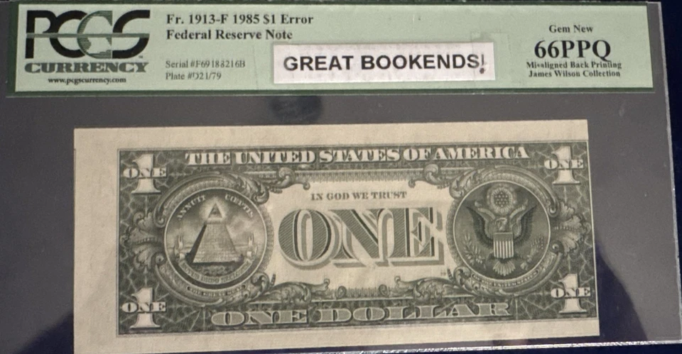 Error de impresión trasera desalineada con sujetalibros 1985 $1 FRN PCGS envío gratuito Foto 3 de 4
