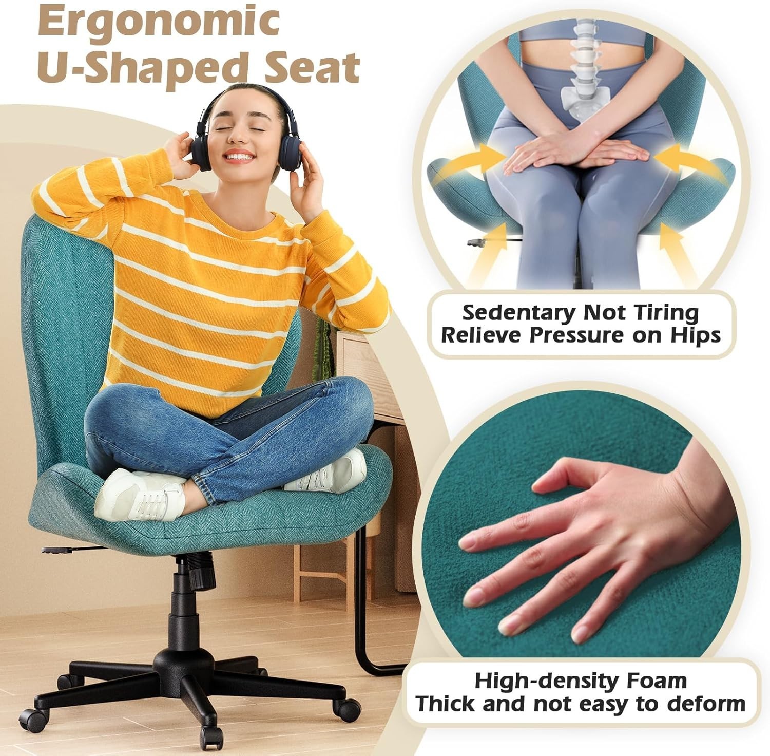Criss Cross Chair with Wheels, Armless Comfy Desk Chair for Bedroom Office Home