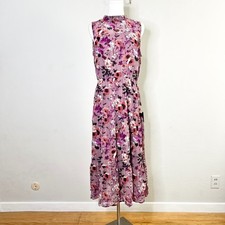 Lulus Midi Dress Floral Mock Neck Sleeveless Gathered Waist Tiered Pink Large