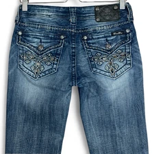 Miss Me Mid-Rise Boot Cut Jeans Womens 27 Blue Cross Embellished Stretch Cowgirl