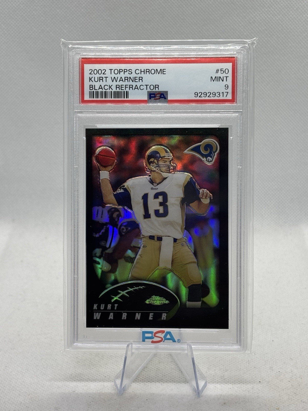 2002 Topps Chrome Kurt Warner #50 Black Refractor /599 PSA Mint 9 Rams POP 3