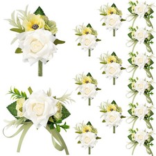 12 Pcs Boutonniere And Corsage For Wedding Party Wrist Flower With Pins White