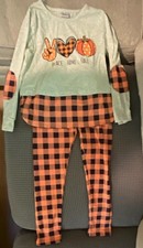 Girls 2XL 2-Piece Fall Outfit Set Gray Long Sleeve Pullover Top Plaid Pants