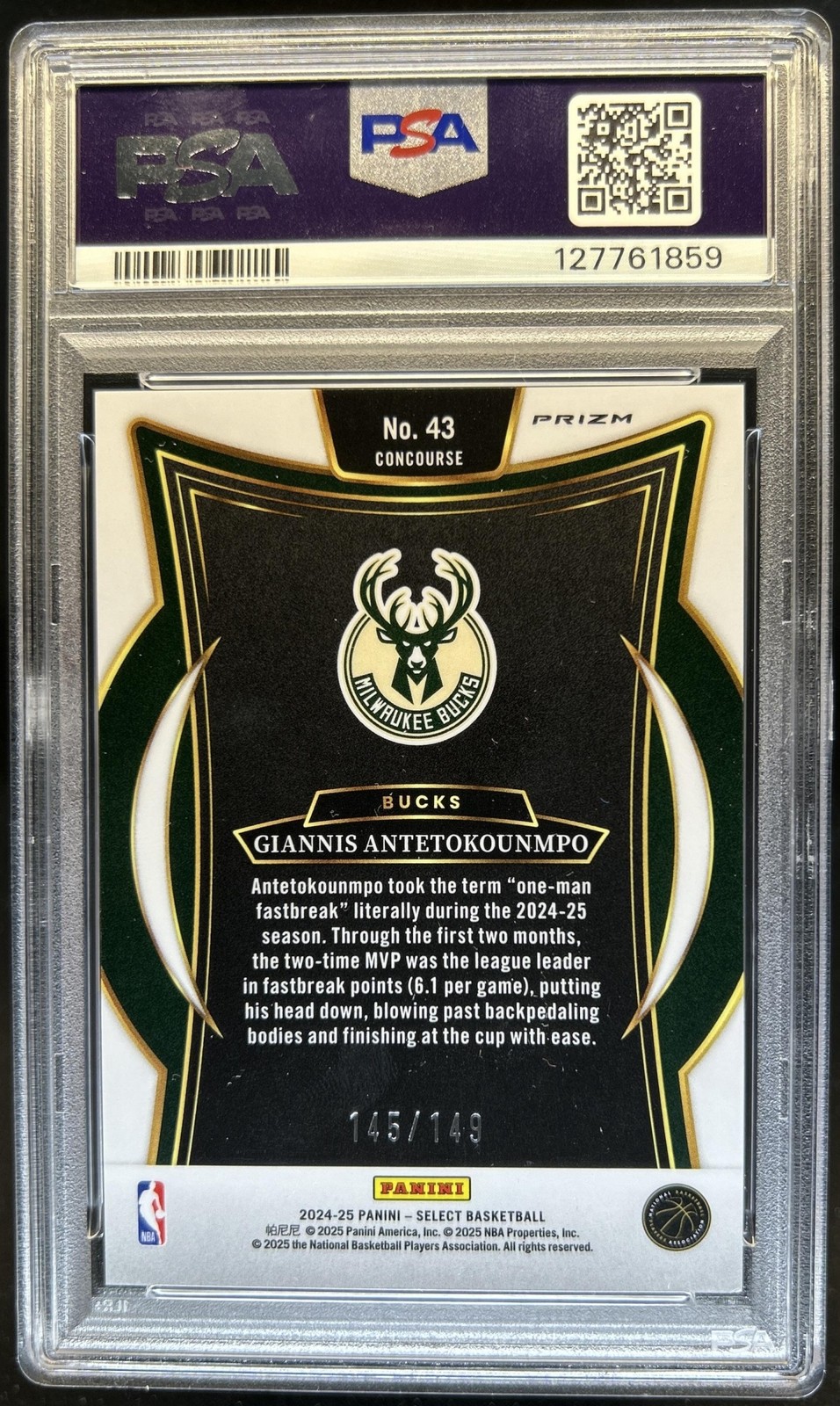 2024-25 Panini Select Giannis Antetokounmpo Concourse White Prizm #/149 PSA 8 view 2