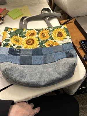 Levi s Denim Tote Bag With Sunflowers Accent Bordering Top Half