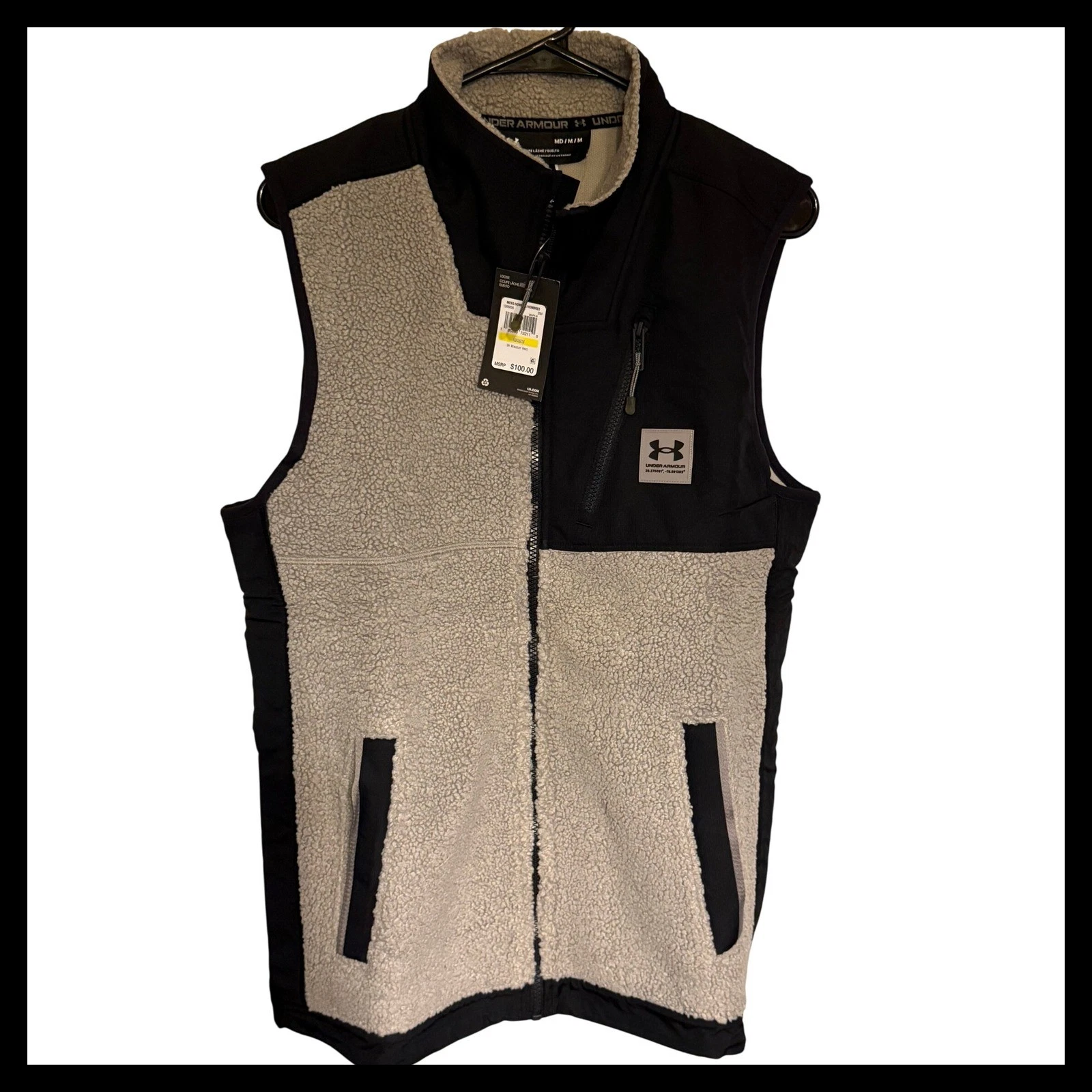 NWT Under Armour Vest Mens Medium Black Gray Fleece Full Zip
