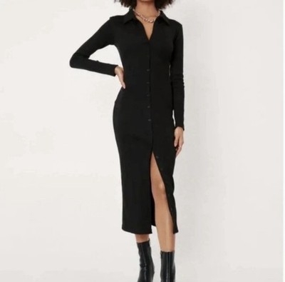 Charles Henry Women's Black Ribbed Knit Collared Button-Front sweater Dress S