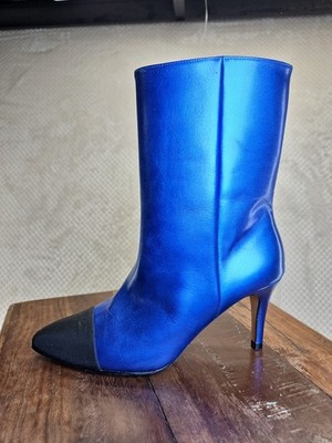 Toral Vibrant Blue Metallic Leather Ankle Boots Fabric Toe Spain Sz 39 Chic NEW