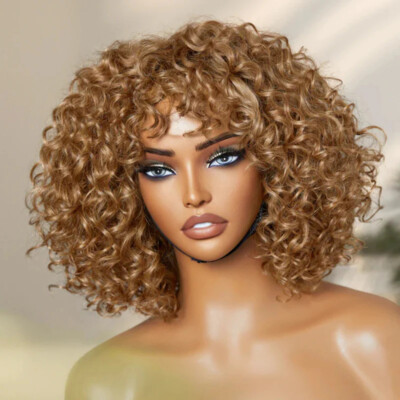Curly Bob Wig Blonde Curly Wig Human Hair Bouncy Curly Wig Bangs