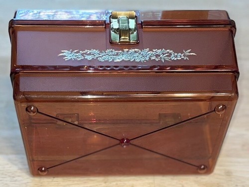 Vintage Sewing Box Amber Plastic Gold Embossed Front Brass Clasp Handle On Top - Picture 7 of 10
