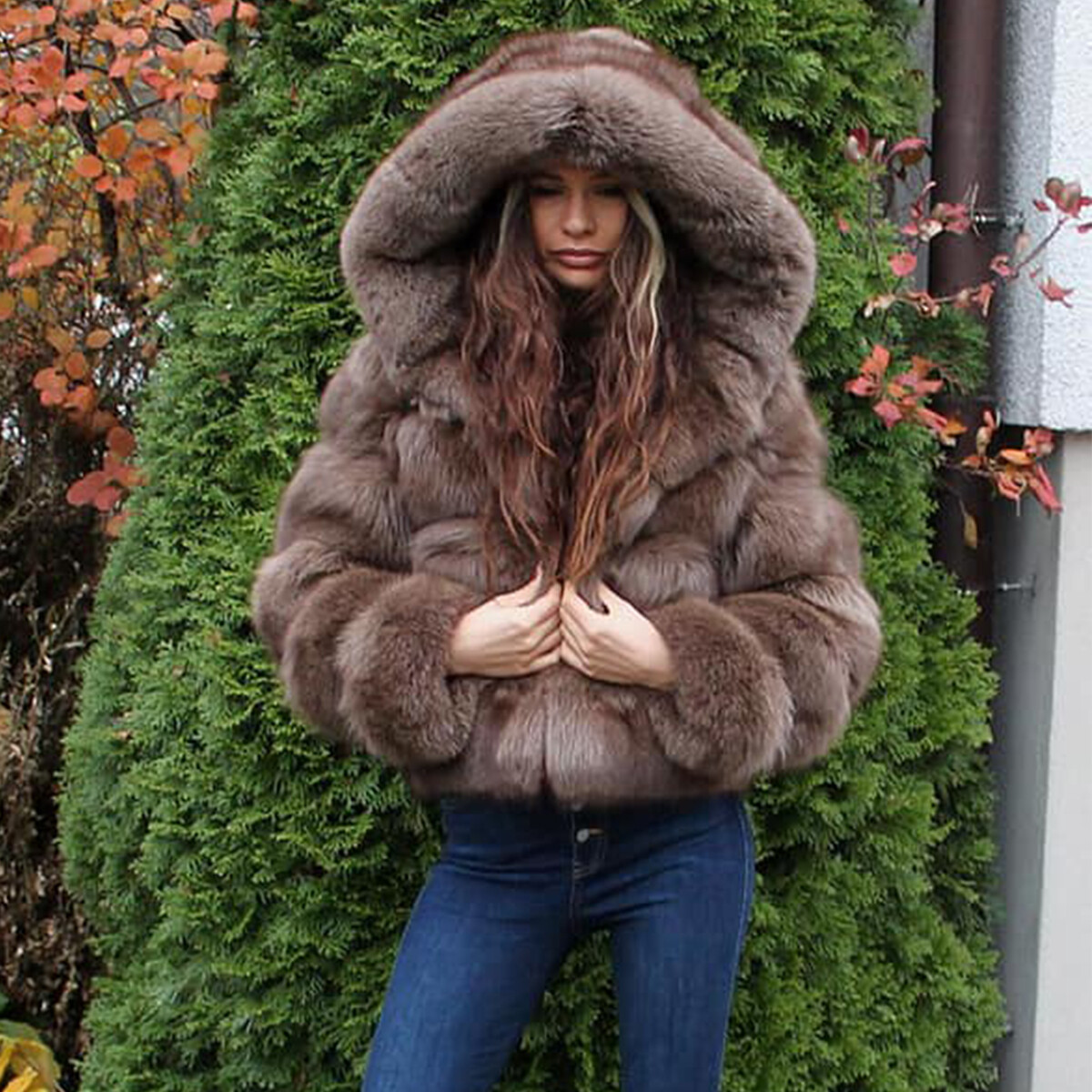 Winter Women's Genuine Fox Fur Coat Fluffy Jacket Warm Real Fur