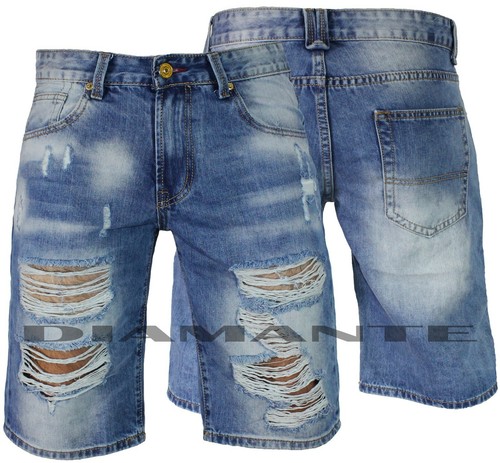 Bermuda Jeans uomo Denim strappati sfilacciati pantaloncino corto nuovo 227  | eBay
