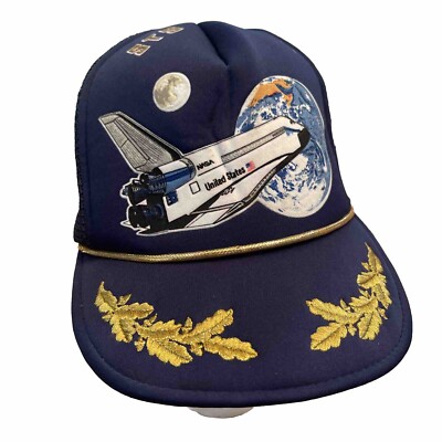 Vintage NASA STS Space Shuttle Mesh Foam Snapback Hat Cap Gold Embroidery Wings