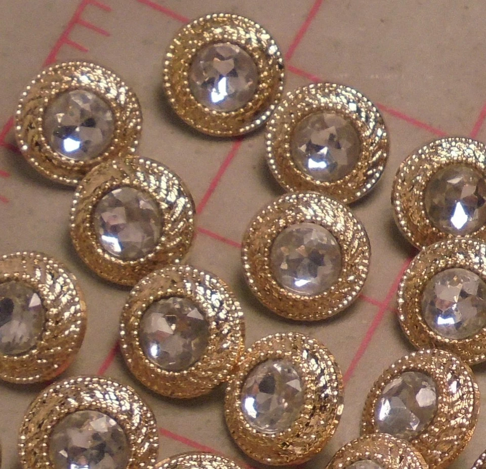 15 Gold Shank Buttons Plastic With Acrylic Stone Centers 15mm 5/8" - Image 4 of 4