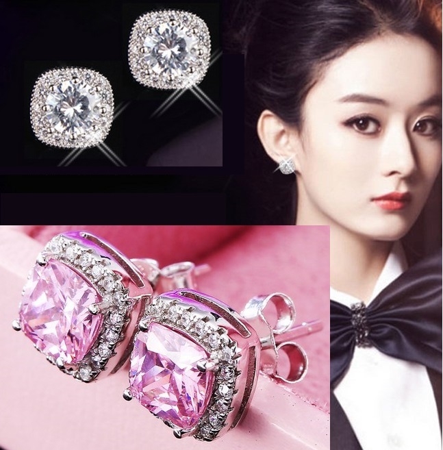 Sterling Silver Pave Cubic Zirconia 8mm Square Pink Stud Earrings Gift Christmas