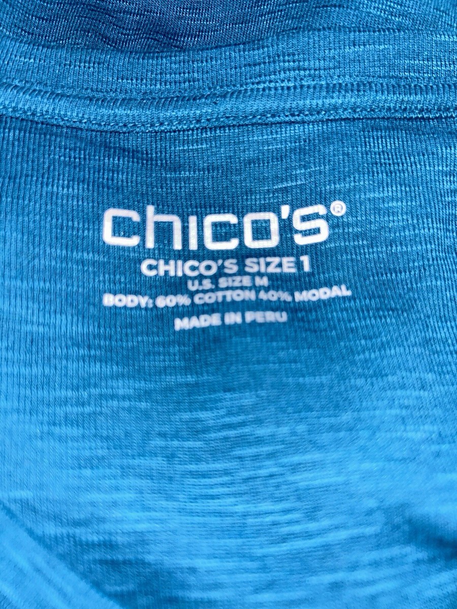 CHICOS Sz 1 (MEDIUM) Teal Blue Button Detail V-Neck Tee L/S Slub