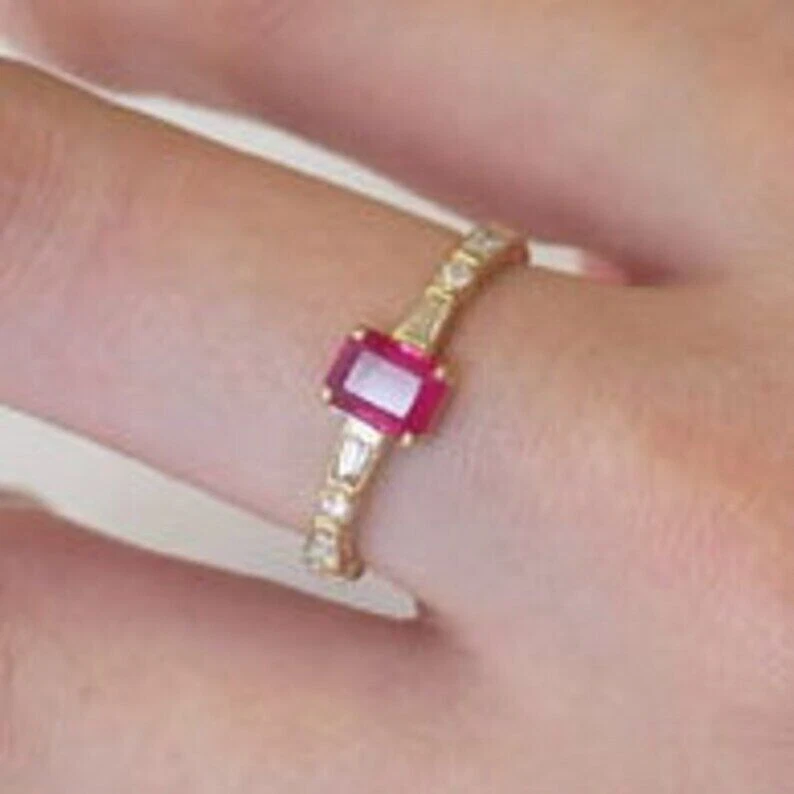 Natürlicher Smaragd Schliff Rubin Und Weiß Topas Engagement Ring 10k Gelbgold - Bild 3 von 4