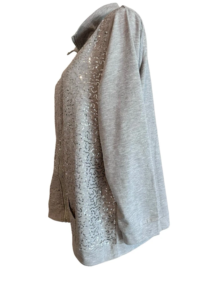 Quacker Factory Sequin Swirl Full Zip Collared Jacket Light Gray Long Sleeve 1X - Image 4 of 4