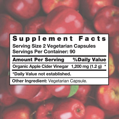 Organic Nature's Truth Apple Cider Vinegar 1200 mg Vegetarian180 Capsule EX12/23 - Picture 3 of 3