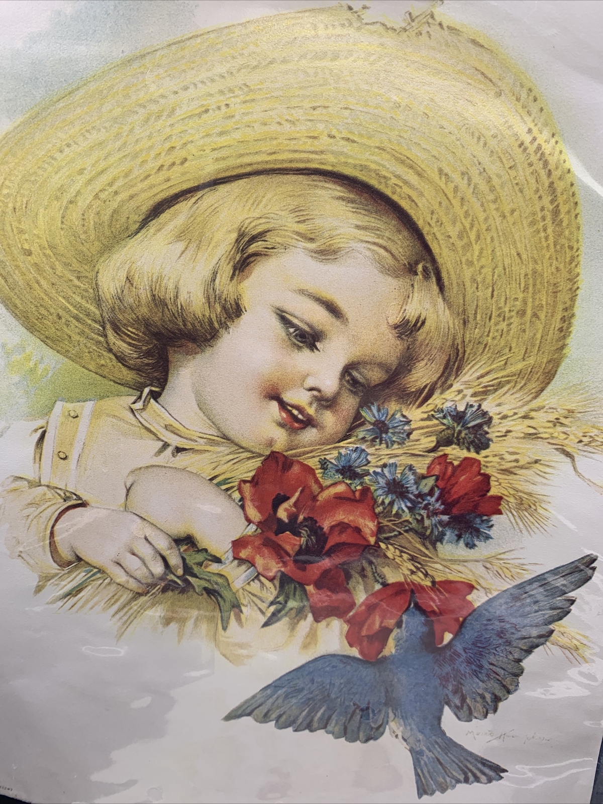 Vtg 1973 2 Prints Hazel Pearson Handicrafts Girl & Blackbird Bluebird Set Lot