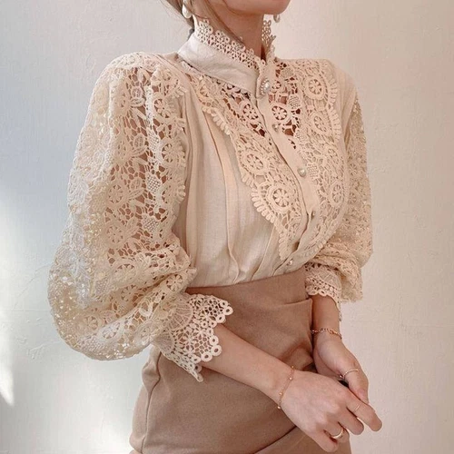 Blusa Vintage de encaje blanco liso para mujer Camisa holgada con botones huecas - Bild 3 von 19