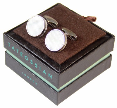 Tateossian London Men's White Mother of Waved Pearl Circle Cufflinks, Silver