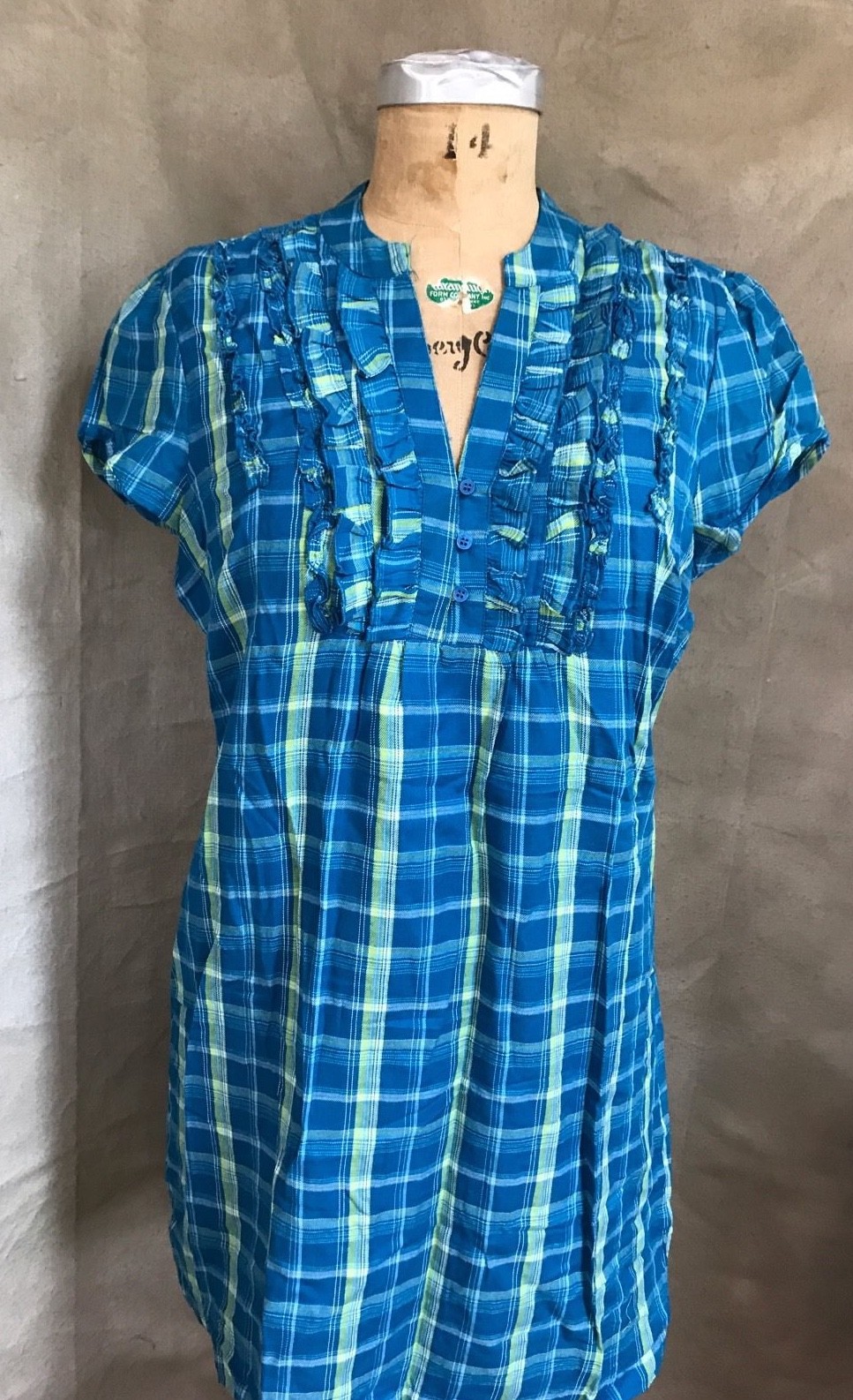 Womens COTTON PLAID SHIRT DRESS Teal Ruffles L Short Sleeved NEW Charlotte  Russe, image size:967x1586