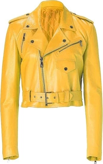 Ladies & Women's Yellow Genuine Leather Jacket Pure Sheepskin Biker Jacket