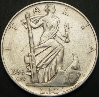 ITALY 10 Lire 1936R Silver .835 VF/XF 1603 ¤