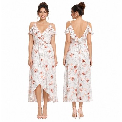 Minkpink Innocence Wrap Midi Dress White Floral Ruffle Cold Shoulder Small NEW